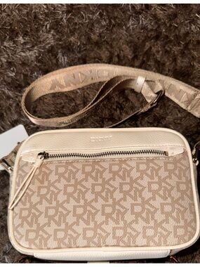 DKNY Bryant Monogram Logo Camera Crossbody Bag Purse Marshmallow Cream NWT